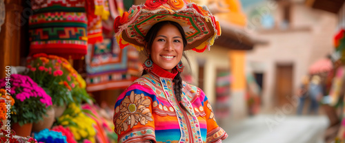 Beautiful Peruvian woman dressed in her typical costume smiles looking at the camera with depth of field.