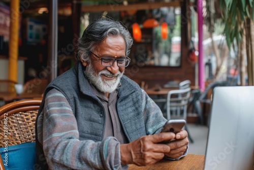 Portrait of senior man using mobile phone while sitting in cafe.