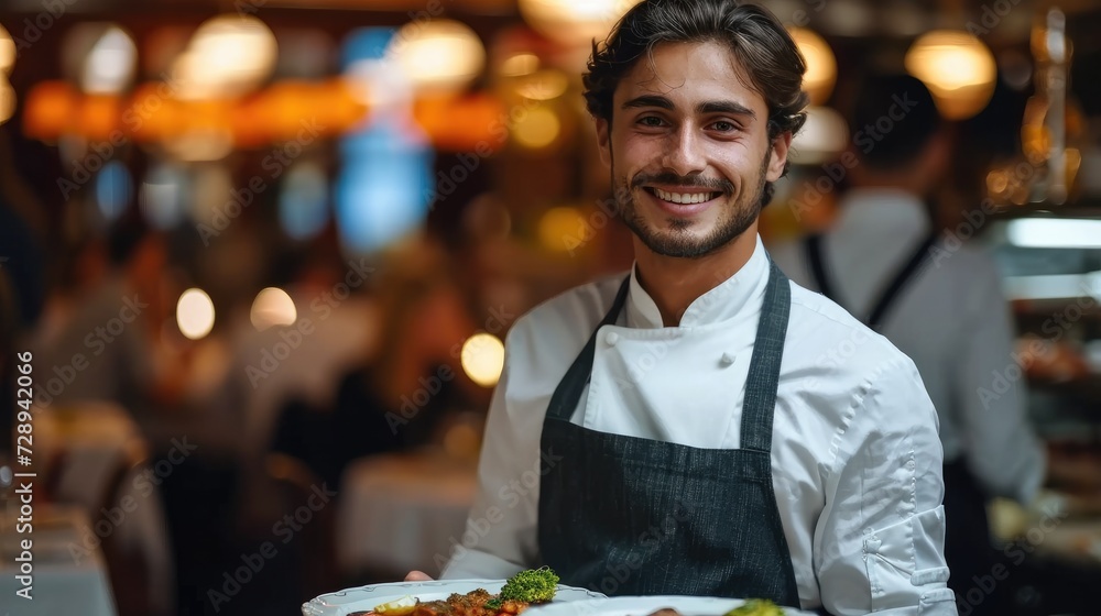 Smiling server waiter holding plates with food on a tray in a expensive luxury restaurant. Generative AI. Smiling server waiter holding plates with food on a tray in a expensive luxury restaurant. Generative AI.