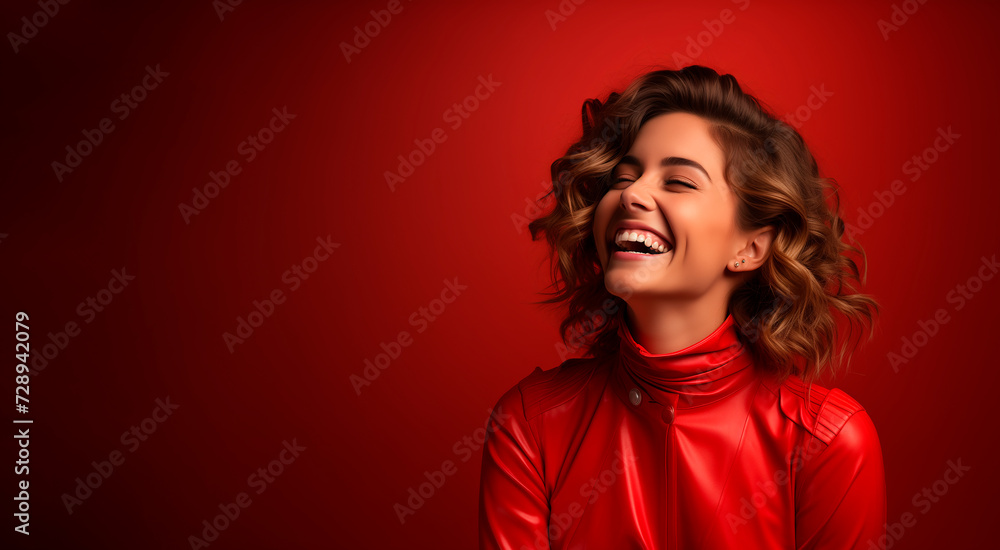 Beautiful young woman in profile dressed in red smiles and is happy. Scene with space for text on red background. Beautiful young woman in profile dressed in red smiles and is happy. Scene with space for text on red background.
