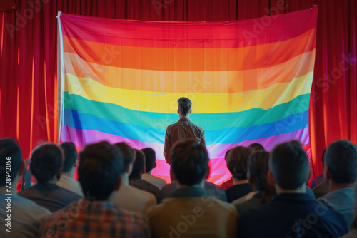 Unity and Pride: A Gathering in Front of a Rainbow Flag