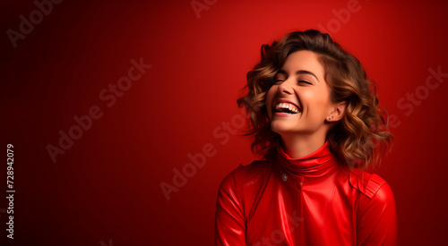Beautiful young woman in profile dressed in red smiles and is happy. Scene with space for text on red background.