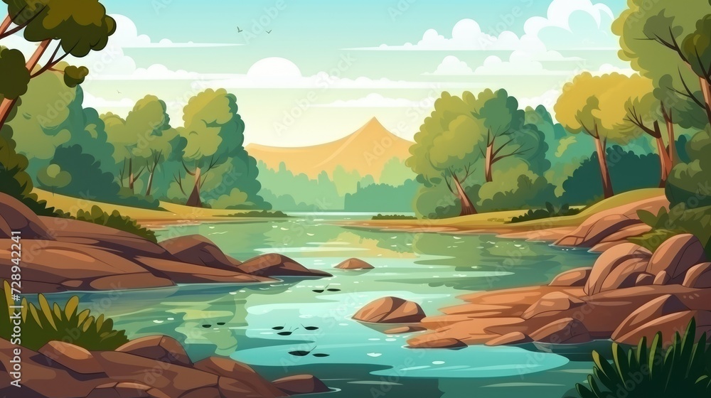 beautiful landscape nature with river and mountain view background illustration.