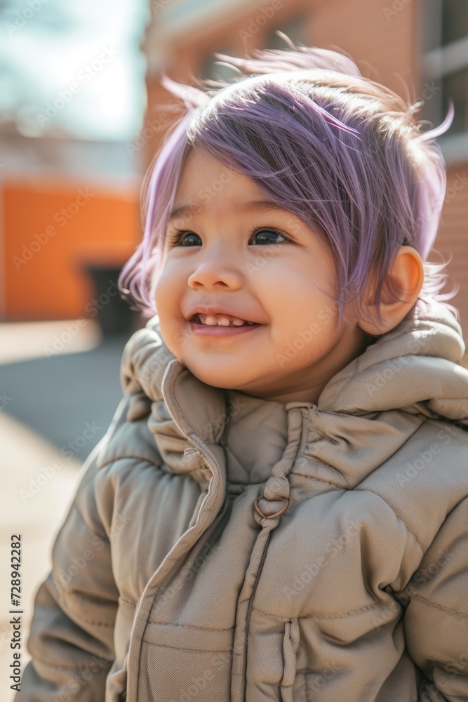Portrait of a cute little girl with purple hair in the street. Portrait of a cute little girl with purple hair in the street.