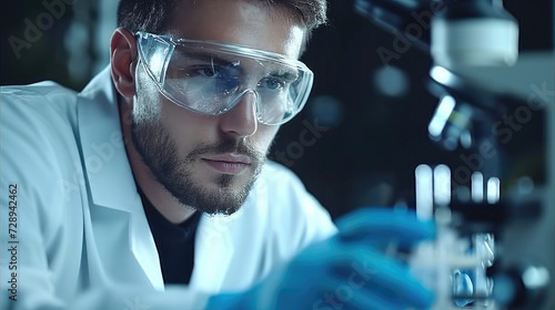Handsome man scientist working in laboratory with safety protection glasses and blue medical gloves. man uses a microscope test tube experiments and analyzing results. Generative AI.