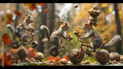 A chaotic scene of multiple silly squirrels riding unicycles while juggling nuts with one squirrel balancing a stack of acorns on its head. photo