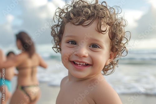 Portrait of a cute little boy on the beach with his mother