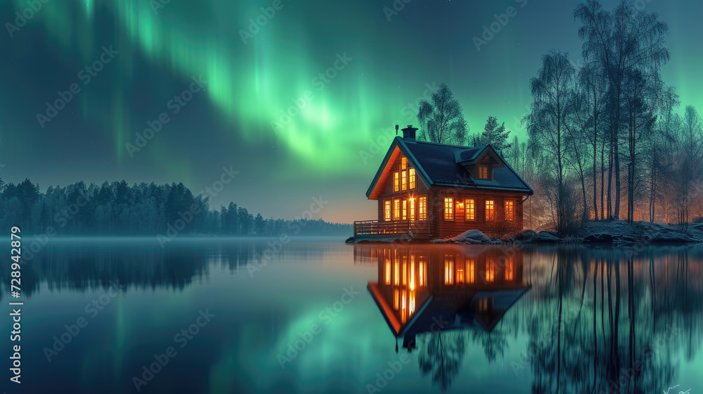 Fototapeta premium Brown Cottage Under Aurora Borealis