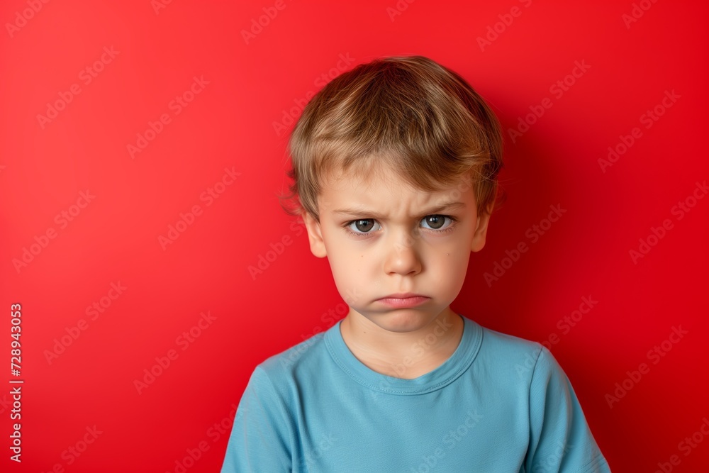 Sullen Little Boy on a Solid Red Background. Generative AI. Sullen Little Boy on a Solid Red Background. Generative AI.