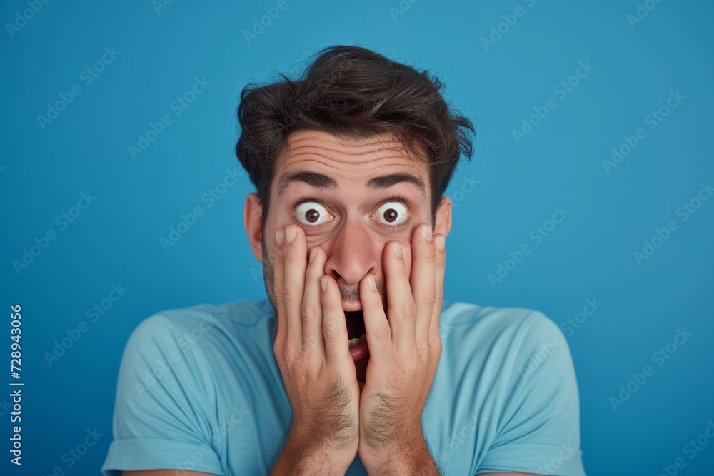 Surprised Man Covering Mouth on a Solid Blue Background. Generative AI. Surprised Man Covering Mouth on a Solid Blue Background. Generative AI.