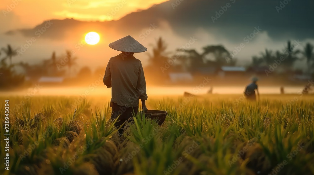 Asian farmer workers working at rice farm fields and harvesting rice. Generative AI.