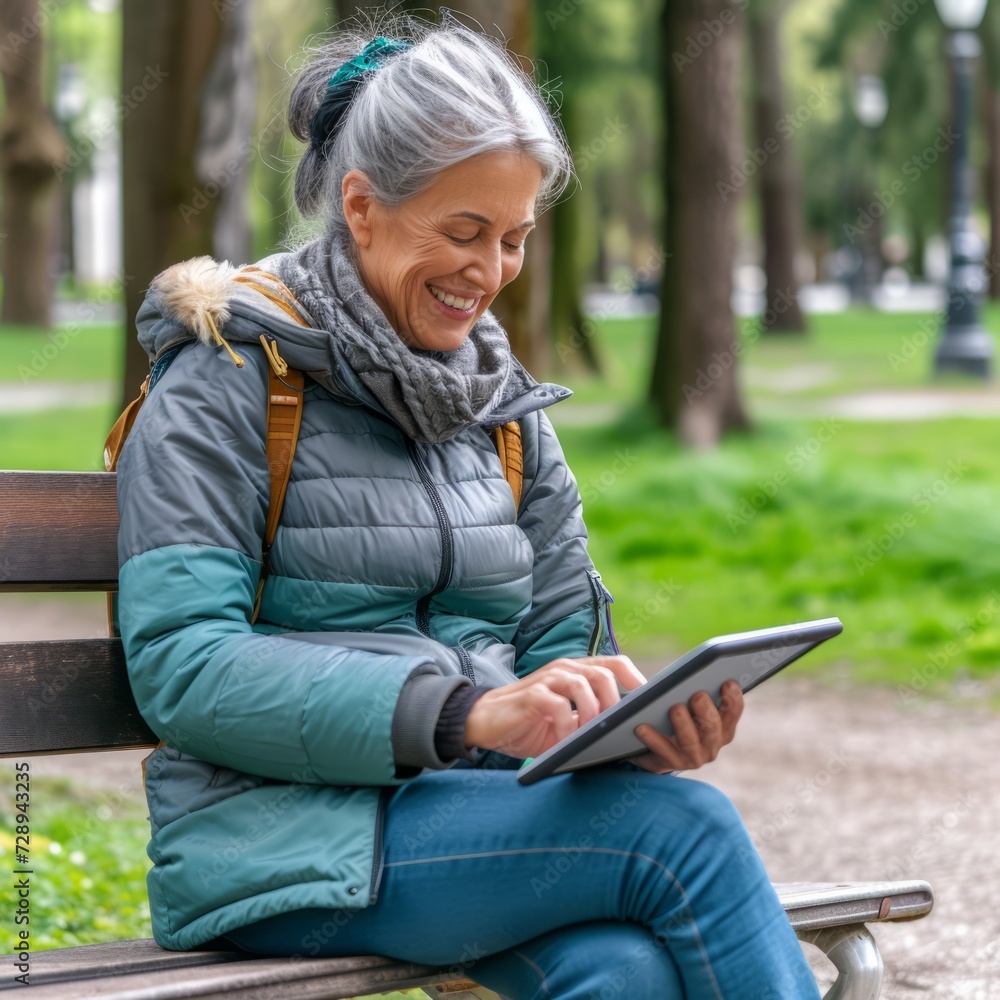 Cheerful senior woman using tablet while sitting on bench in park Cheerful senior woman using tablet while sitting on bench in park