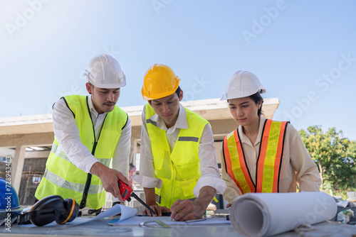 Construction concept of Engineer or architect meeting for project working with partner and engineering tools on building and blueprint in working site