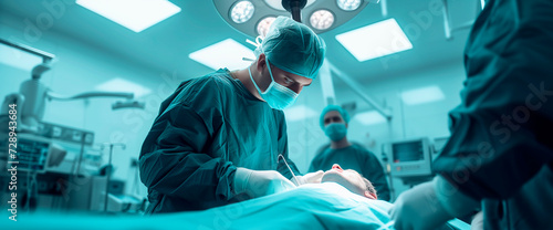 Specialist doctor performs surgery in the operating room. Surgical team performs thyroid surgery.