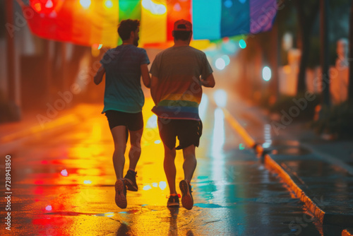 Couple Jogging Together on Rainy City Streets Under Rainbow Pride Flags