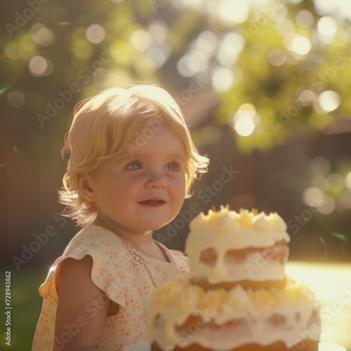 Cute little girl with birthday cake outdoors on sunny summer day.