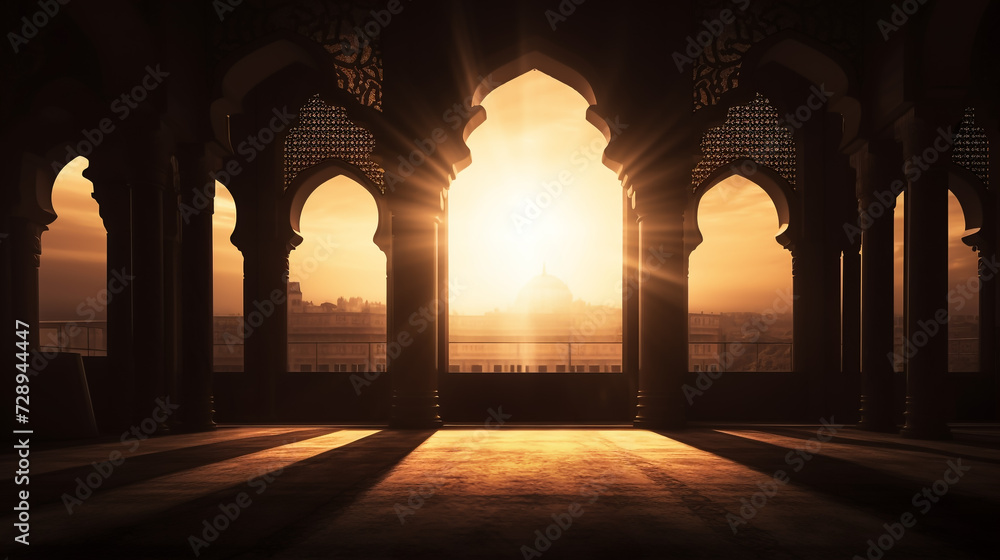 Sunset Scene of a mosque, Mosque empty, Conceptual indoor oriental building. Interior shot of the mosque, Ramadan Kareem