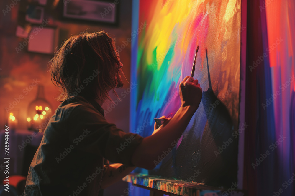 Inspired Artist Painting a Colorful Canvas in a Creatively Lit Art Studio