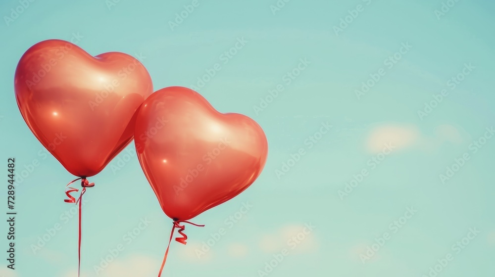Valentines day background. Red heart shaped balloons on blue sky. 3D Rendering