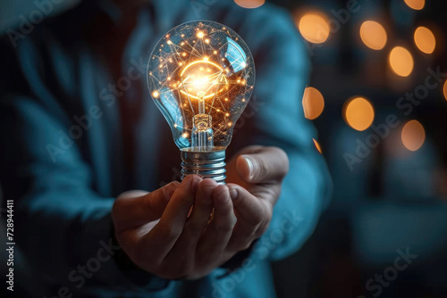 Businessman holding a light bulb in his hand. symbolizing a new business idea for company growth. holographic glowing particles. Generative AI.