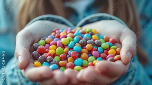 Close up hands of young girl holds small colorful candies and sweets. Generative AI.