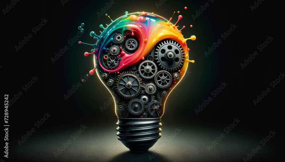 A vibrant light bulb filled with colorful paints and mechanical gears symbolizing creativity and innovation on a dark background. - obrazy, fototapety, plakaty 