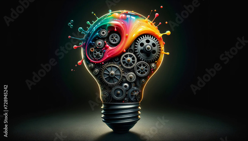 A vibrant light bulb filled with colorful paints and mechanical gears symbolizing creativity and innovation on a dark background.