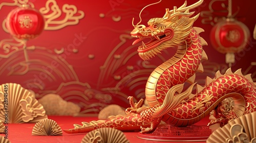 Wallpaper Mural Dragon 3D chinese 2024 year gold new lunar cny podium happy background red golden. Chinese dragon 3D banner china festive illustration invitation money party green japanese render celebration blue Torontodigital.ca