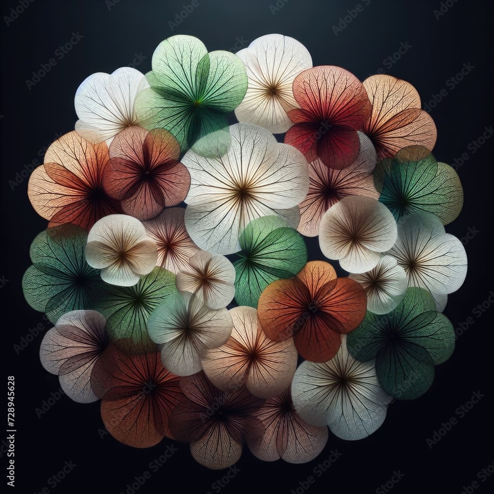 beautiful arrangement of translucent flower petals in various colors and sizes. Each petal is distinct, showcasing different shades including white, green, red, and brown