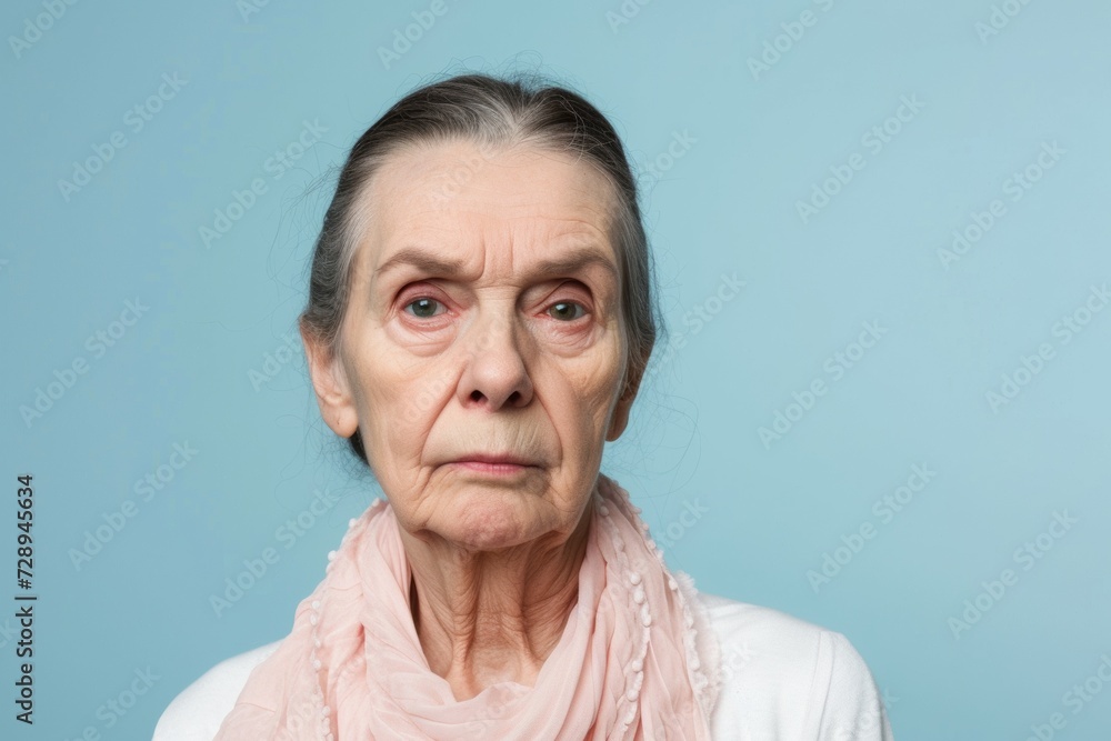 Concerned Senior Woman on a Solid Light Blue Background. Generative AI. Concerned Senior Woman on a Solid Light Blue Background. Generative AI.