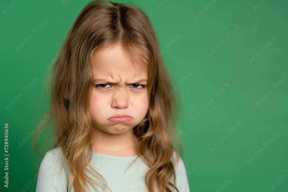 Sulky Young Girl on a Solid Green Background. Generative AI. Sulky Young Girl on a Solid Green Background. Generative AI.
