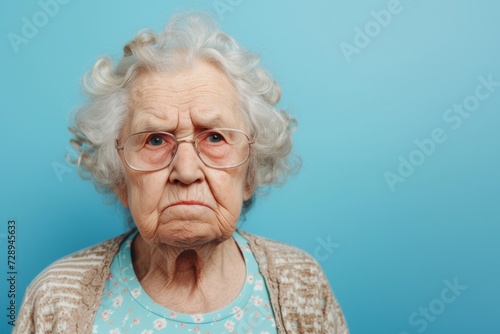 Grumpy Elderly Lady on a Solid Blue Background. Generative AI. photo