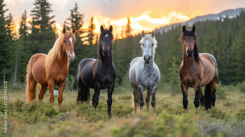 Four Assorted-color Horse on Grass Fields Near Tall Trees during Sunset 