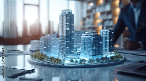 Fototapeta Naklejka Na Ścianę i Meble -  Futuristic business. 3d render model maquette of small skyscraper building on table in real estate agency. signing mortgage contract document demonstrating. Generative AI.