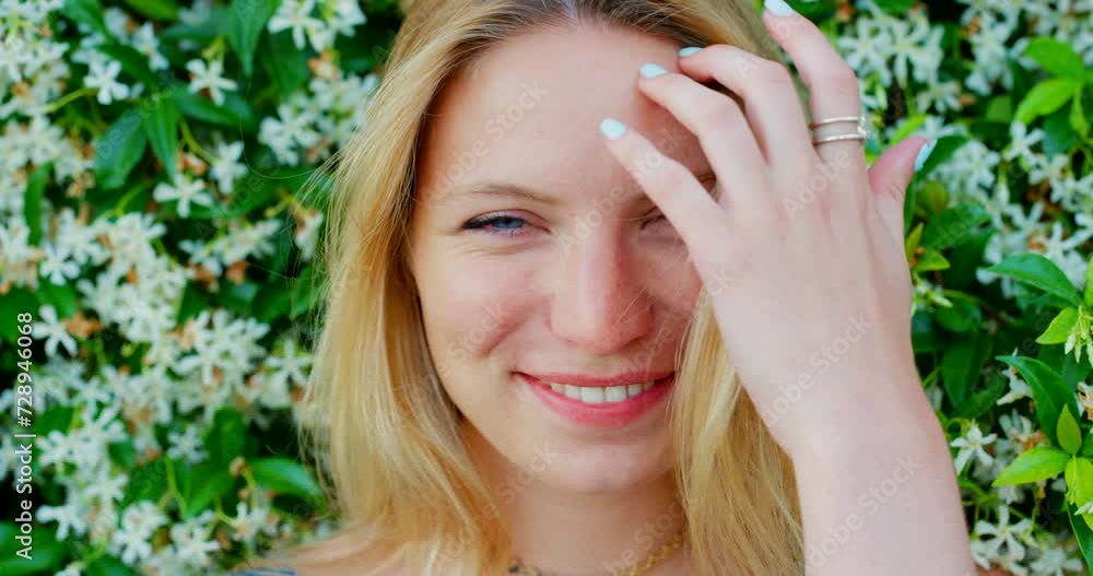 Face, woman or smile by wall of ivy plants, summer vacation and relax on holiday adventure in nature. Young person, happy portrait and gardening by flowers, travel or blonde hair in closeup in garden Face, woman or smile by wall of ivy plants, summer vacation and relax on holiday adventure in nature. Young person, happy portrait and gardening by flowers, travel or blonde hair in closeup in garden