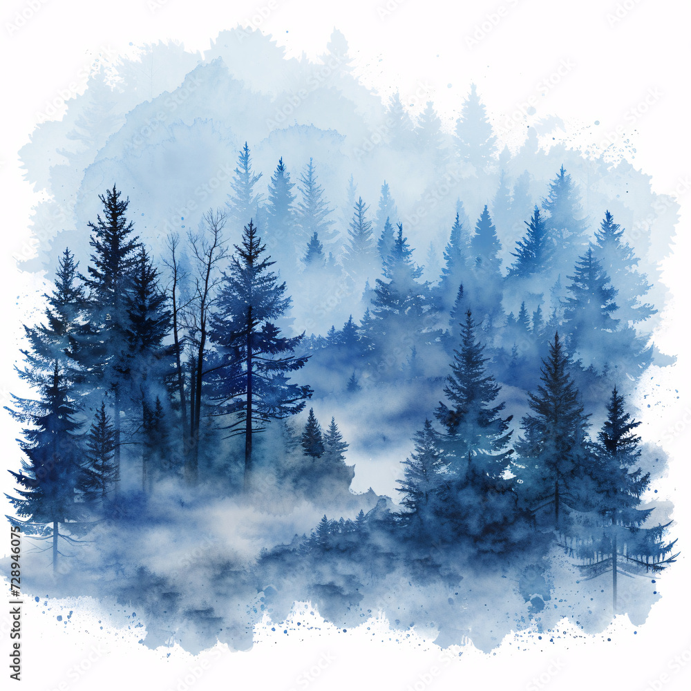 Mysterious Watercolor Forest in Shades of Blue