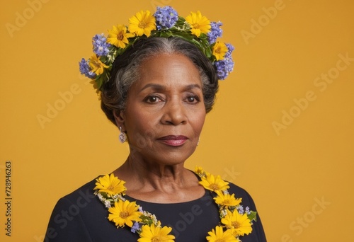 black senior woman, her head adorned with a wreath of spring flowers, standing in a studio with a yellow background, embodying cultural pride
