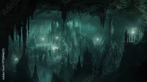 Jagged stalagmites and stalactites protrude from the walls and ceiling lending an eerie and claustrophobic atmosphere to the lair. photo
