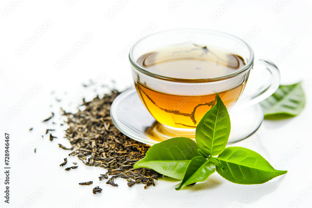 A clear cup of brewed tea, accompanied by loose tea leaves and a fresh green sprig, against a white background. A clear cup of brewed tea, accompanied by loose tea leaves and a fresh green sprig, against a white background.