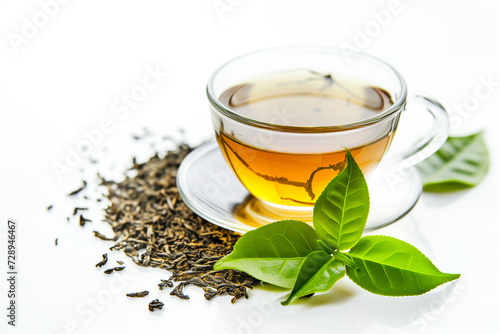 A clear cup of brewed tea, accompanied by loose tea leaves and a fresh green sprig, against a white background.