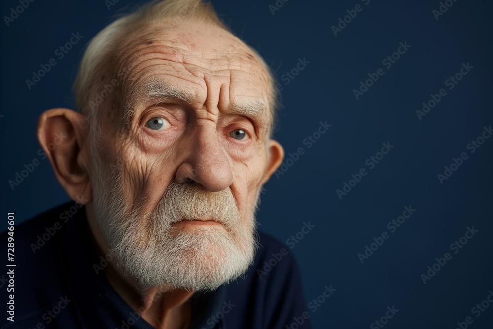 Obraz premium Pensive Elderly Man on a Solid Dark Blue Background. Generative AI.