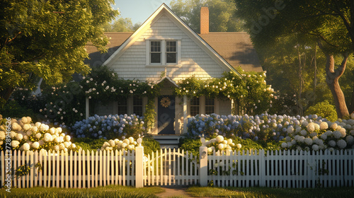 A sunlit Cape Cod house with white picket fence and blooming hydrangeas in the front yard, early morning light casting soft shadows photo