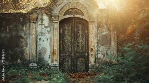 Mysterious old door in an abandoned house. 3d rendering