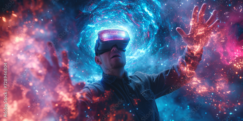 Cosmic Voyage in Virtual Reality.
Adventurer with VR headset reaching out to cosmic lights and virtual nebulae.