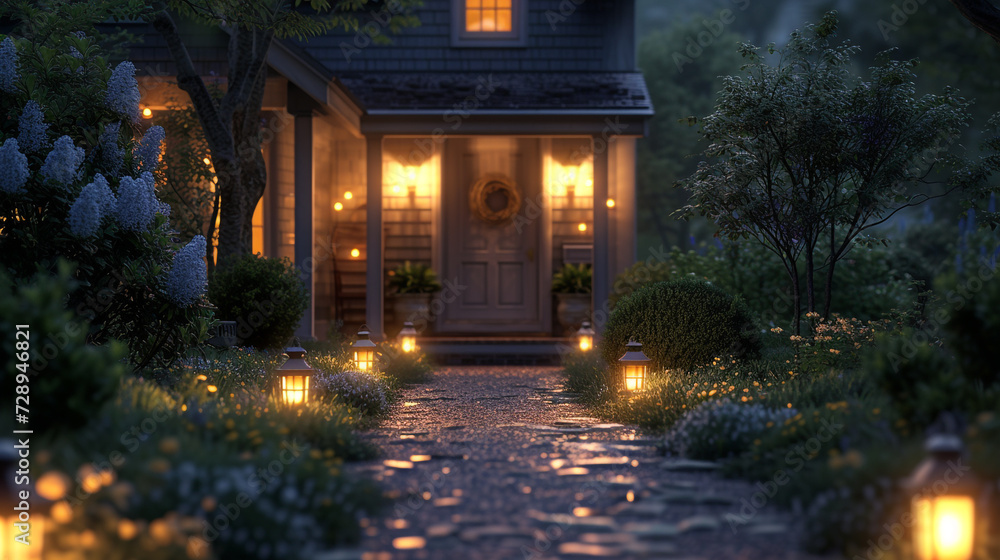 A Cape Cod house at twilight, with outdoor lanterns lit, casting a warm glow on the facade and the garden path leading to the front door