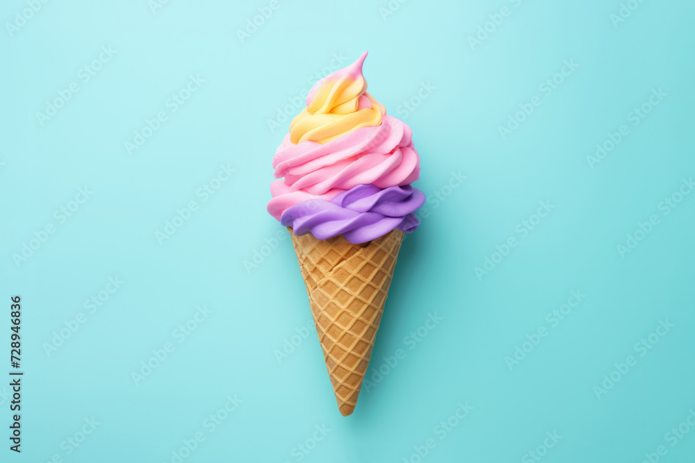 Colorful ice cream in waffle cone flat lay on colored background. Generative AI Colorful ice cream in waffle cone flat lay on colored background. Generative AI