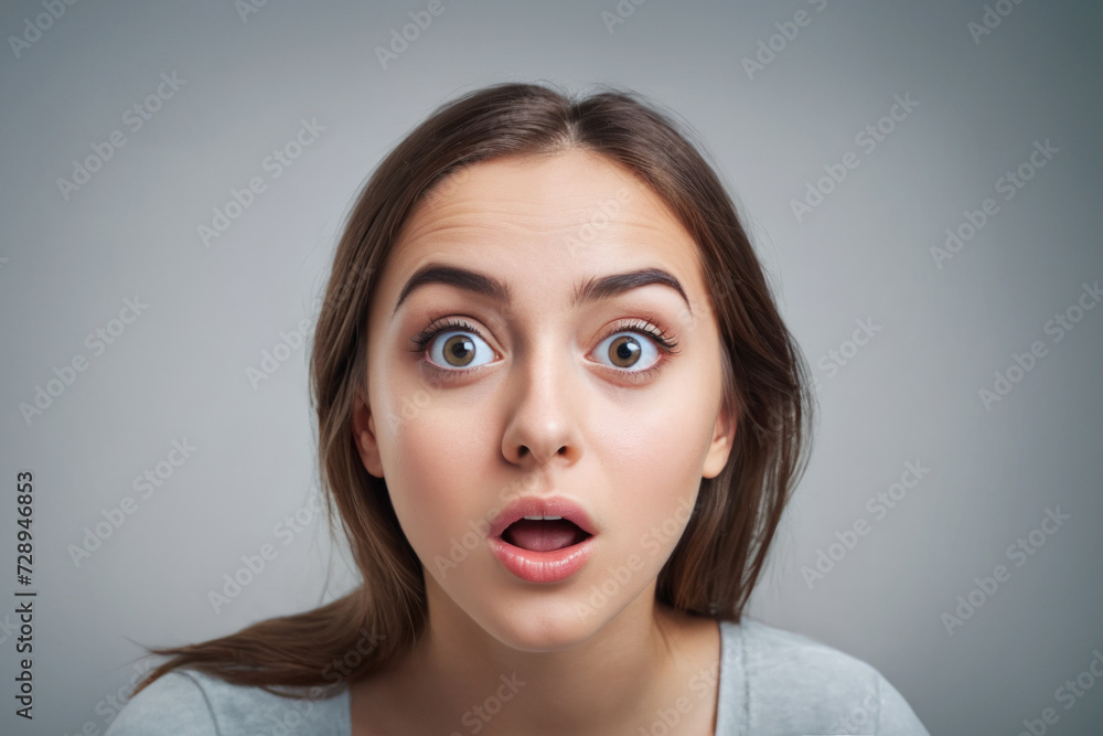 Impressed shocked young lady hearing bad news isolated on gray background Impressed shocked young lady hearing bad news isolated on gray background