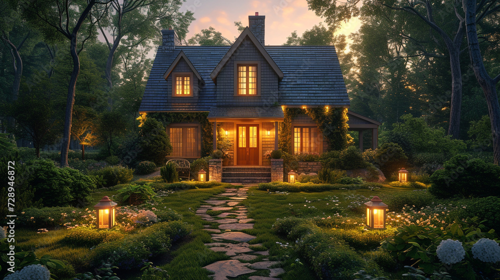 A Cape Cod house at twilight, with outdoor lanterns lit, casting a warm glow on the facade and the garden path leading to the front door