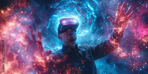 Cosmic Voyage in Virtual Reality. Adventurer with VR headset reaching out to cosmic lights and virtual nebulae.