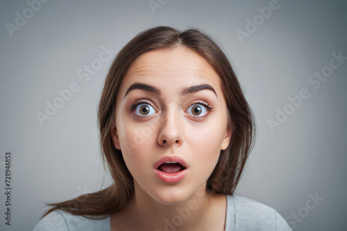 Impressed shocked young lady hearing bad news isolated on gray background